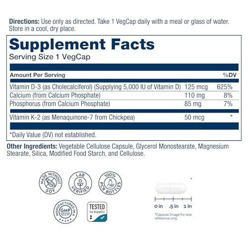 SOLARAY Vitamin D3 K2 Kapseln – 60 vegane Kapseln für Knochenstärke, Kalziumaufnahme und Immunsystem-Unterstützung – ohne Soja