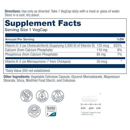 SOLARAY Vitamin D3 K2 Kapseln – 60 vegane Kapseln für Knochenstärke, Kalziumaufnahme und Immunsystem-Unterstützung – ohne Soja