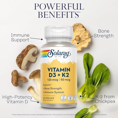SOLARAY Vitamin D3 K2 Kapseln – 60 vegane Kapseln für Knochenstärke, Kalziumaufnahme und Immunsystem-Unterstützung – ohne Soja