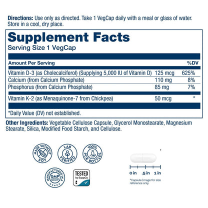 SOLARAY Vitamin D3 K2 Kapseln – 60 vegane Kapseln für Knochenstärke, Kalziumaufnahme und Immunsystem-Unterstützung – ohne Soja