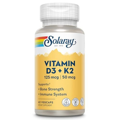 SOLARAY Vitamin D3 K2 Kapseln – 60 vegane Kapseln für Knochenstärke, Kalziumaufnahme und Immunsystem-Unterstützung – ohne Soja