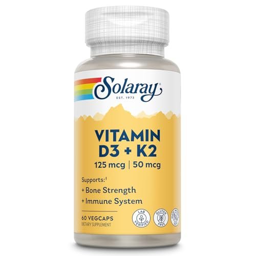 SOLARAY Vitamin D3 K2 Kapseln – 60 vegane Kapseln für Knochenstärke, Kalziumaufnahme und Immunsystem-Unterstützung – ohne Soja
