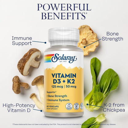 SOLARAY Vitamin D3 K2 Kapseln – 60 vegane Kapseln für Knochenstärke, Kalziumaufnahme und Immunsystem-Unterstützung – ohne Soja