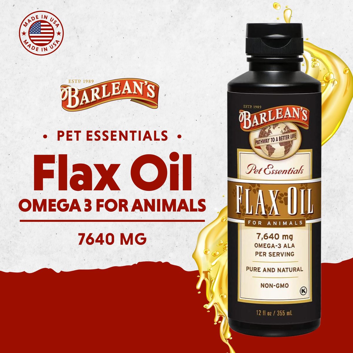 Barlean's Leinöl für Tiere – flüssige Omega-3-Fettsäuren für Hunde, Katzen und Haustiere, 12 oz