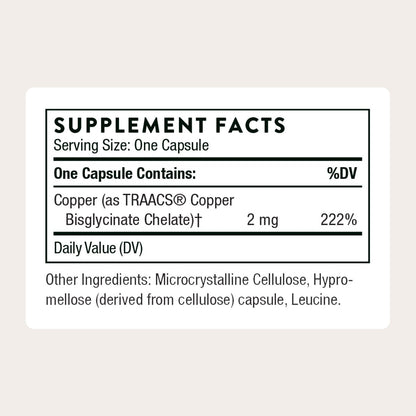 THORNE Kupferbisglycinat – Optimal absorbierter Mineralstoff-Kupfer-Komplex – Unterstützt Knochen-, Blutgefäß-, Herz-, Nerven- und Hautgesundheit – Drittanbieter-zertifiziert – glutenfrei – 60 Kapseln