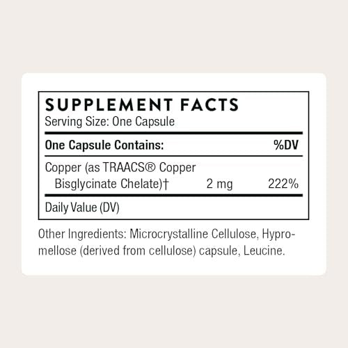THORNE Kupferbisglycinat – Optimal absorbierter Mineralstoff-Kupfer-Komplex – Unterstützt Knochen-, Blutgefäß-, Herz-, Nerven- und Hautgesundheit – Drittanbieter-zertifiziert – glutenfrei – 60 Kapseln