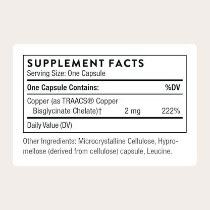 THORNE Kupferbisglycinat – Optimal absorbierter Mineralstoff-Kupfer-Komplex – Unterstützt Knochen-, Blutgefäß-, Herz-, Nerven- und Hautgesundheit – Drittanbieter-zertifiziert – glutenfrei – 60 Kapseln