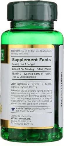 Nature's Bounty Vitamin D3 125 mcg (5000 IE) Weichkapseln, Maximalstärke, 150 Stück (3er-Pack)
