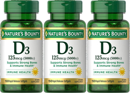 Nature's Bounty Vitamin D3 125 mcg (5000 IE) Weichkapseln, Maximalstärke, 150 Stück (3er-Pack)