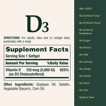 Nature's Bounty Vitamin D3 125 mcg (5000 IE) Weichkapseln, Maximalstärke, 150 Stück (3er-Pack)