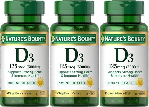 Nature's Bounty Vitamin D3 125 mcg (5000 IE) Weichkapseln, Maximalstärke, 150 Stück (3er-Pack)