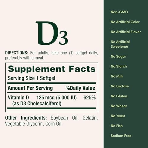 Nature's Bounty Vitamin D3 125 mcg (5000 IE) Weichkapseln, Maximalstärke, 150 Stück (3er-Pack)