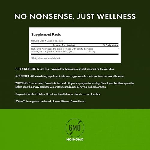 Swanson Ultimate Ashwagandha KSM-66 – Pflanzliches Nahrungsergänzungsmittel zur Unterstützung eines gesunden Stressniveaus und zur Förderung von Entspannung – 60 vegane Kapseln à 250 mg