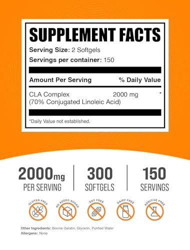 BulkSupplements.com CLA 2000mg Weichkapseln – konjugierte Linolsäure, 300 Kapseln, 150-Tage-Vorrat