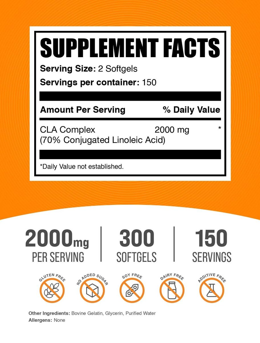 BulkSupplements.com CLA 2000mg Weichkapseln – konjugierte Linolsäure, 300 Kapseln, 150-Tage-Vorrat