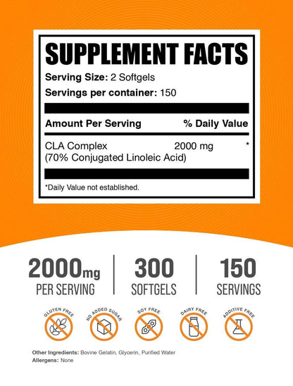 BulkSupplements.com CLA 2000mg Weichkapseln – konjugierte Linolsäure, 300 Kapseln, 150-Tage-Vorrat