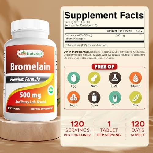 Best Naturals Bromelain 500 mg, 120 Tabletten – Verdauungsenzyme für eine gesunde Verdauung, Gelenkgesundheit und Nährstoffaufnahme