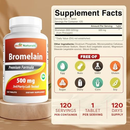 Best Naturals Bromelain 500 mg, 120 Tabletten – Verdauungsenzyme für eine gesunde Verdauung, Gelenkgesundheit und Nährstoffaufnahme