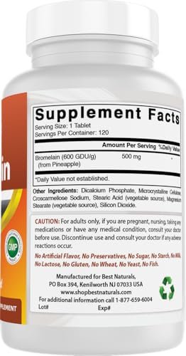 Best Naturals Bromelain 500 mg, 120 Tabletten – Verdauungsenzyme für eine gesunde Verdauung, Gelenkgesundheit und Nährstoffaufnahme