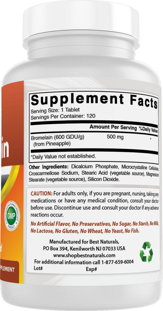 Best Naturals Bromelain 500 mg, 120 Tabletten – Verdauungsenzyme für eine gesunde Verdauung, Gelenkgesundheit und Nährstoffaufnahme
