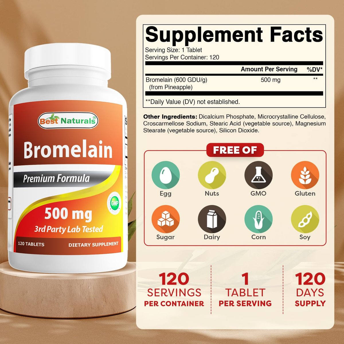 Best Naturals Bromelain 500 mg, 120 Tabletten – Verdauungsenzyme für eine gesunde Verdauung, Gelenkgesundheit und Nährstoffaufnahme