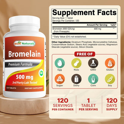 Best Naturals Bromelain 500 mg, 120 Tabletten – Verdauungsenzyme für eine gesunde Verdauung, Gelenkgesundheit und Nährstoffaufnahme