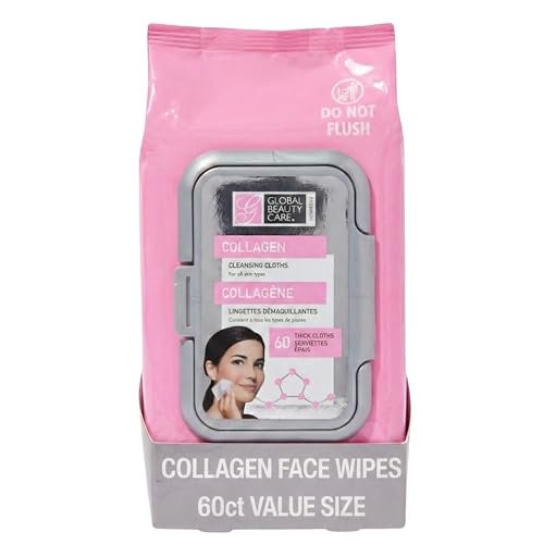 Global Beauty Care Collagen Makeup Remover Wipes – Sanfte Reinigungstücher für empfindliche Haut, feuchtigkeitsspendend, straffend & erneuernd für eine glatte, strahlende Haut, reisefreundlich, 60 Stück (1er-Pack)