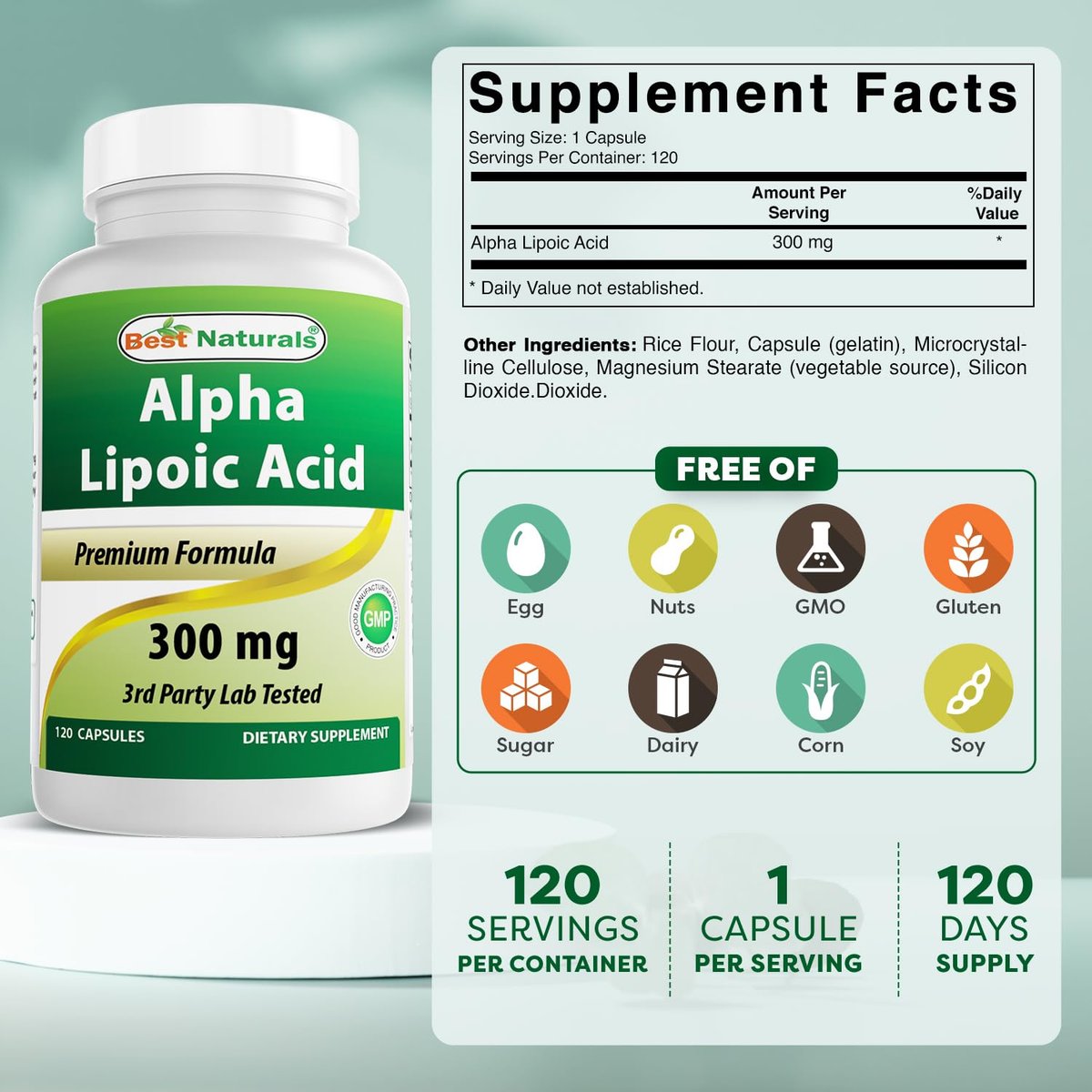 Best Naturals Alpha-Liponsäure 300 mg – 120 Kapseln, Hochdosiertes Antioxidans