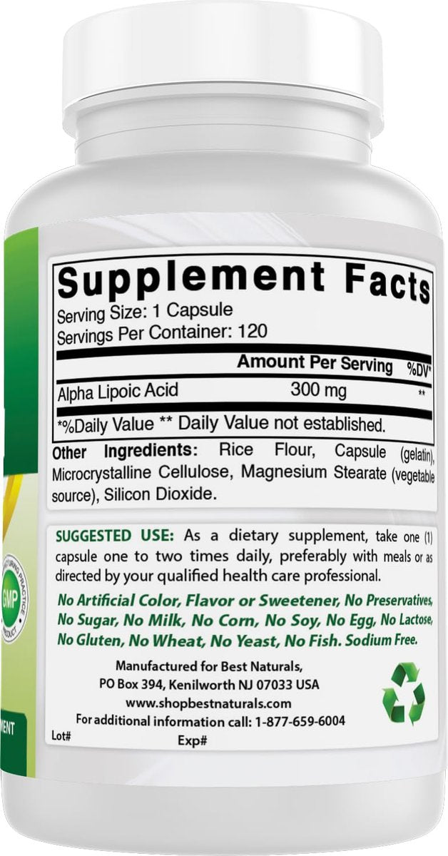 Best Naturals Alpha-Liponsäure 300 mg – 120 Kapseln, Hochdosiertes Antioxidans