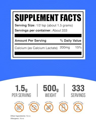 BulkSupplements.com Calcium Lactat Pulver - Reines Calciumpräparat, Lebensmittelqualität, glutenfrei, 1,5 g pro Portion, 500 g (1,1 Pfund)