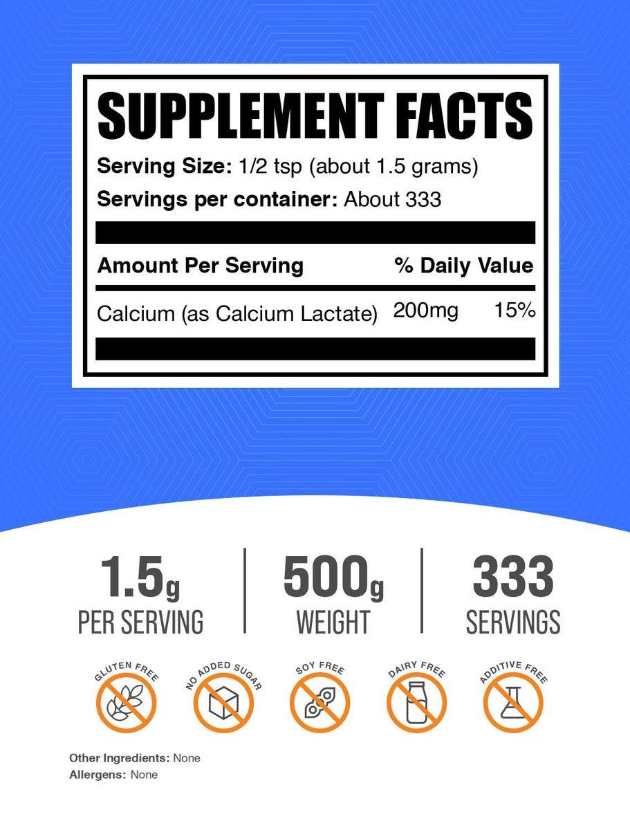 BulkSupplements.com Calcium Lactat Pulver - Reines Calciumpräparat, Lebensmittelqualität, glutenfrei, 1,5 g pro Portion, 500 g (1,1 Pfund)