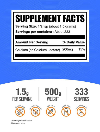 BulkSupplements.com Calcium Lactat Pulver - Reines Calciumpräparat, Lebensmittelqualität, glutenfrei, 1,5 g pro Portion, 500 g (1,1 Pfund)