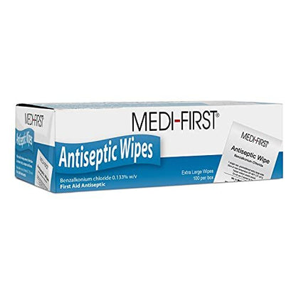 Medique First 21433 Antiseptische Tücher, 100 Tücher pro Box – Keimfreie Reinigung für unterwegs