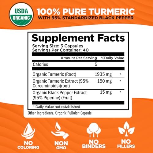 Bio-Turmeric Curcumin mit Schwarzem Pfeffer Extrakt 2000mg – Hochabsorbierendes Ultra-Potentes Nahrungsergänzungsmittel – 95% Curcuminoide – Vegan, Nicht-GVO – 120 Kapseln