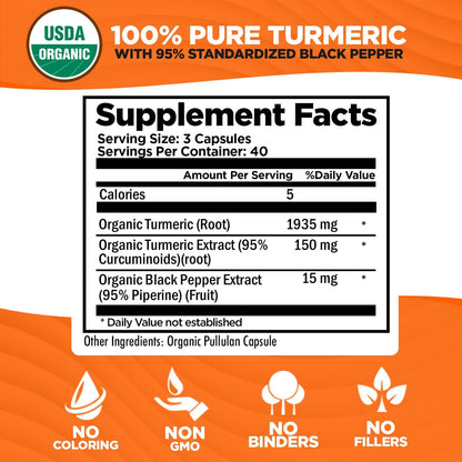 Bio-Turmeric Curcumin mit Schwarzem Pfeffer Extrakt 2000mg – Hochabsorbierendes Ultra-Potentes Nahrungsergänzungsmittel – 95% Curcuminoide – Vegan, Nicht-GVO – 120 Kapseln