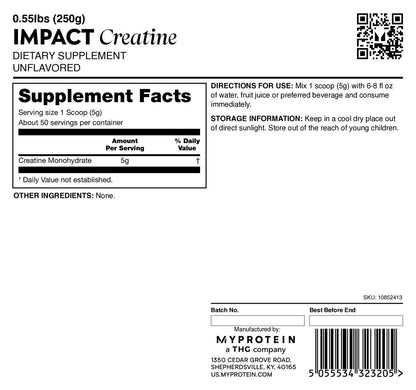 Myprotein Kreatin Monohydrat Pulver, 50 Portionen (0,55 Pfund) Reines Ungeschmacktes Kreatinpulver, Pre/Post-Workout Supplement für alle Sportarten & Übungen