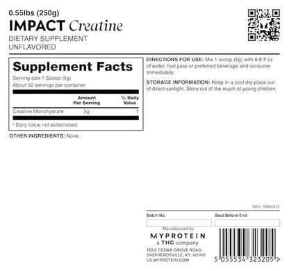 Myprotein Kreatin Monohydrat Pulver, 50 Portionen (0,55 Pfund) Reines Ungeschmacktes Kreatinpulver, Pre/Post-Workout Supplement für alle Sportarten & Übungen