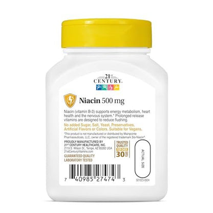 21st Century Niacin 500 mg Retardtabletten, Vitamin B3 für Energie, Herz und Nervensystem, 100 Tabletten, Nicht-GVO, vegan