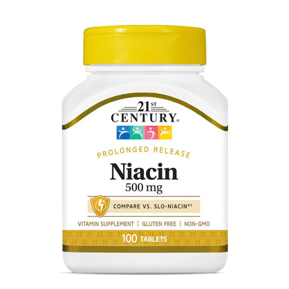 21st Century Niacin 500 mg Retardtabletten, Vitamin B3 für Energie, Herz und Nervensystem, 100 Tabletten, Nicht-GVO, vegan