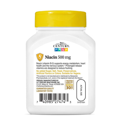 21st Century Niacin 500 mg Retardtabletten, Vitamin B3 für Energie, Herz und Nervensystem, 100 Tabletten, Nicht-GVO, vegan