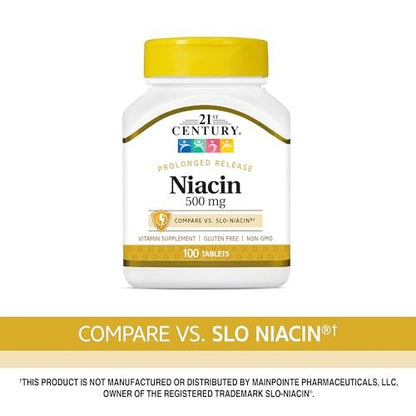 21st Century Niacin 500 mg Retardtabletten, Vitamin B3 für Energie, Herz und Nervensystem, 100 Tabletten, Nicht-GVO, vegan