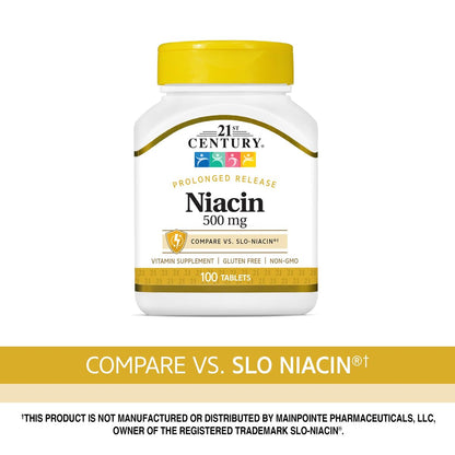 21st Century Niacin 500 mg Retardtabletten, Vitamin B3 für Energie, Herz und Nervensystem, 100 Tabletten, Nicht-GVO, vegan