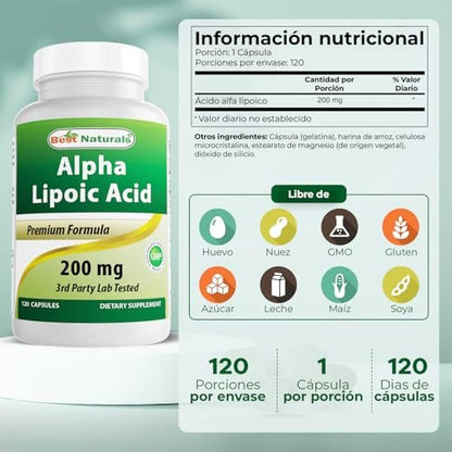 Best Naturals Alpha-Liponsäure 200 mg – 120 Kapseln, Hochdosiertes Nahrungsergänzungsmittel