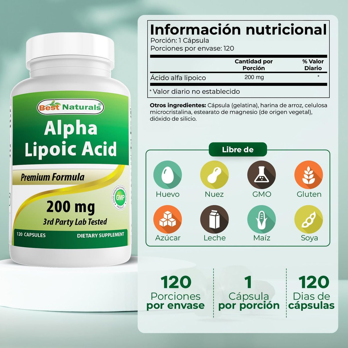 Best Naturals Alpha-Liponsäure 200 mg – 120 Kapseln, Hochdosiertes Nahrungsergänzungsmittel