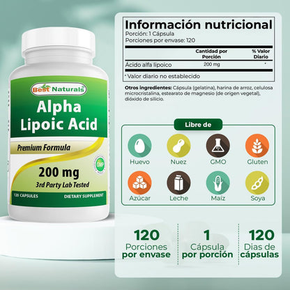 Best Naturals Alpha-Liponsäure 200 mg – 120 Kapseln, Hochdosiertes Nahrungsergänzungsmittel