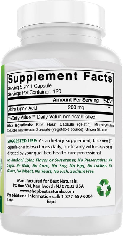 Best Naturals Alpha-Liponsäure 200 mg – 120 Kapseln, Hochdosiertes Nahrungsergänzungsmittel