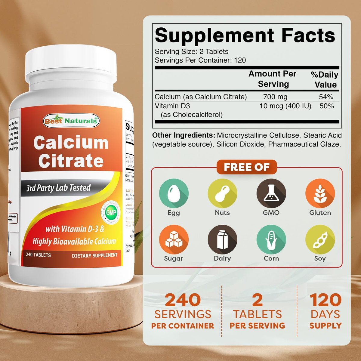 Best Naturals Calciumcitrat mit Vitamin D-3 240 Tabletten