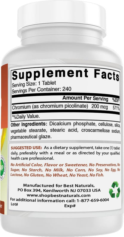 Best Naturals Chrompicolinat Tabletten, 200 mcg, 240 Stück – Hochdosiertes Chrom für den Stoffwechsel