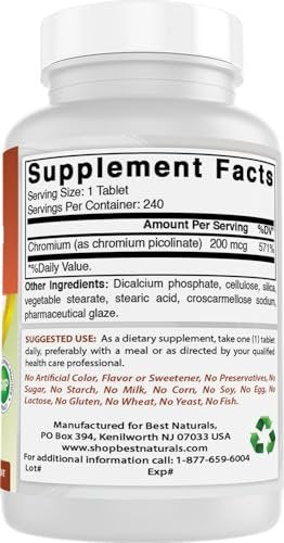 Best Naturals Chrompicolinat Tabletten, 200 mcg, 240 Stück – Hochdosiertes Chrom für den Stoffwechsel