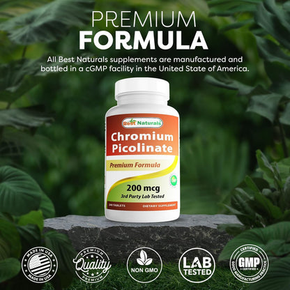 Best Naturals Chrompicolinat Tabletten, 200 mcg, 240 Stück – Hochdosiertes Chrom für den Stoffwechsel